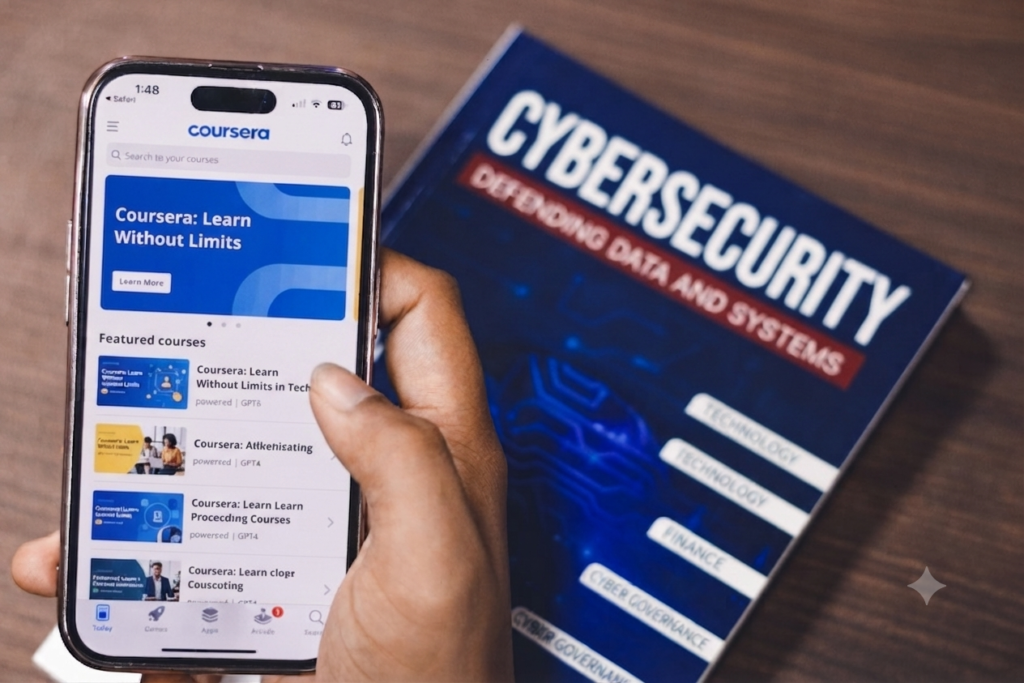 A hand holding a smartphone next to a cybersecurity book on a desk.