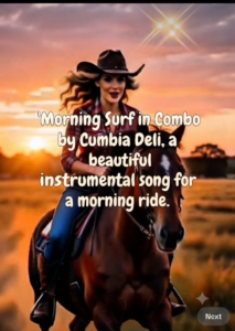 A woman riding a horse along a scenic village trail during sunrise with warm morning light