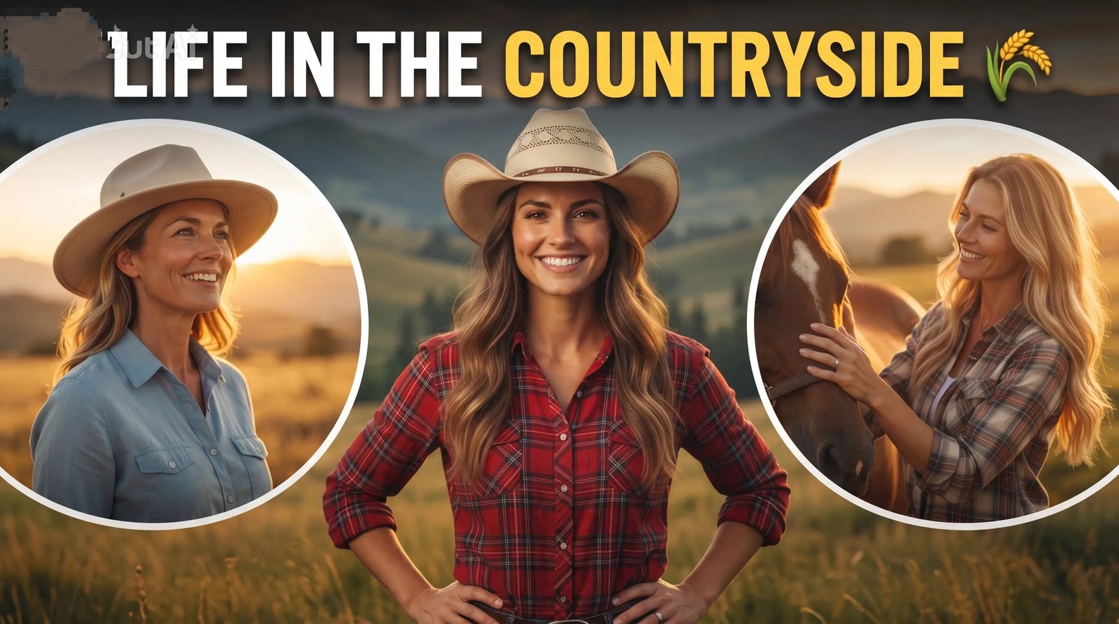 Traditional village life and cowboy culture graphic featuring rural landscapes and frontier scenes