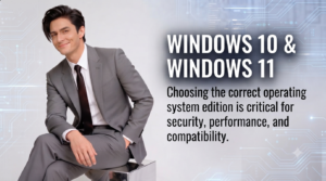 Windows 10 and Windows 11 comparison graphic featuring technical specifications and features